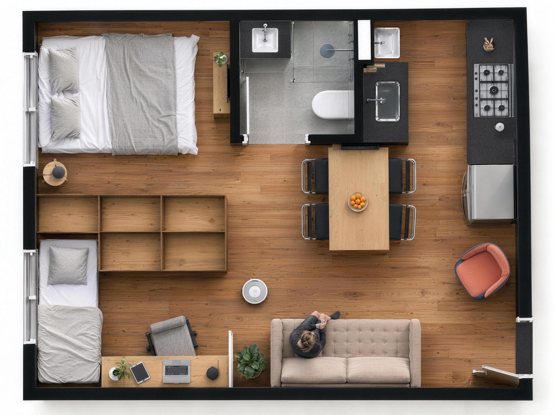 Studio B — Planta humanizada, vista de cima.