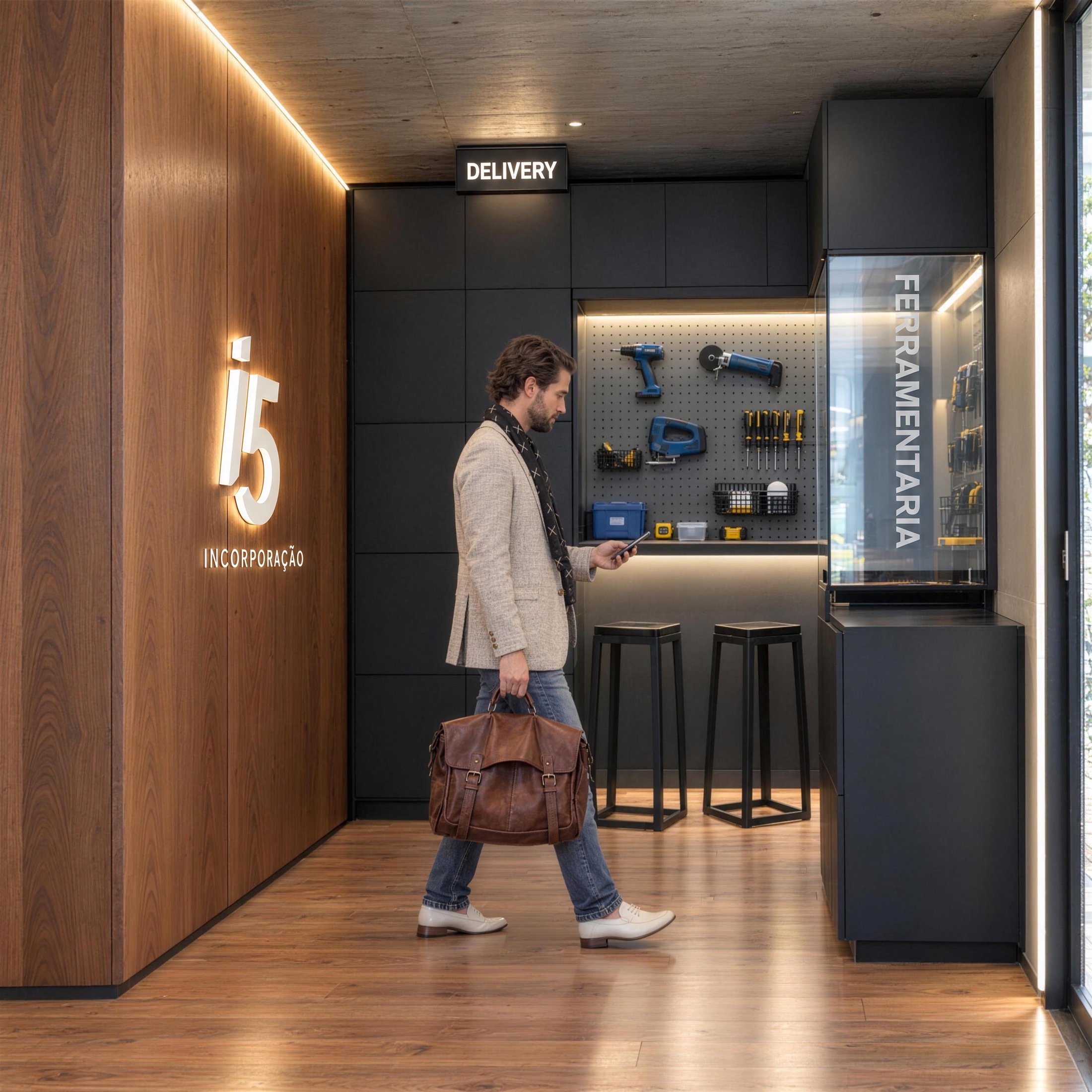 Delivery e ferramentaria — Armários de entrega e a bancada de ferramentas.