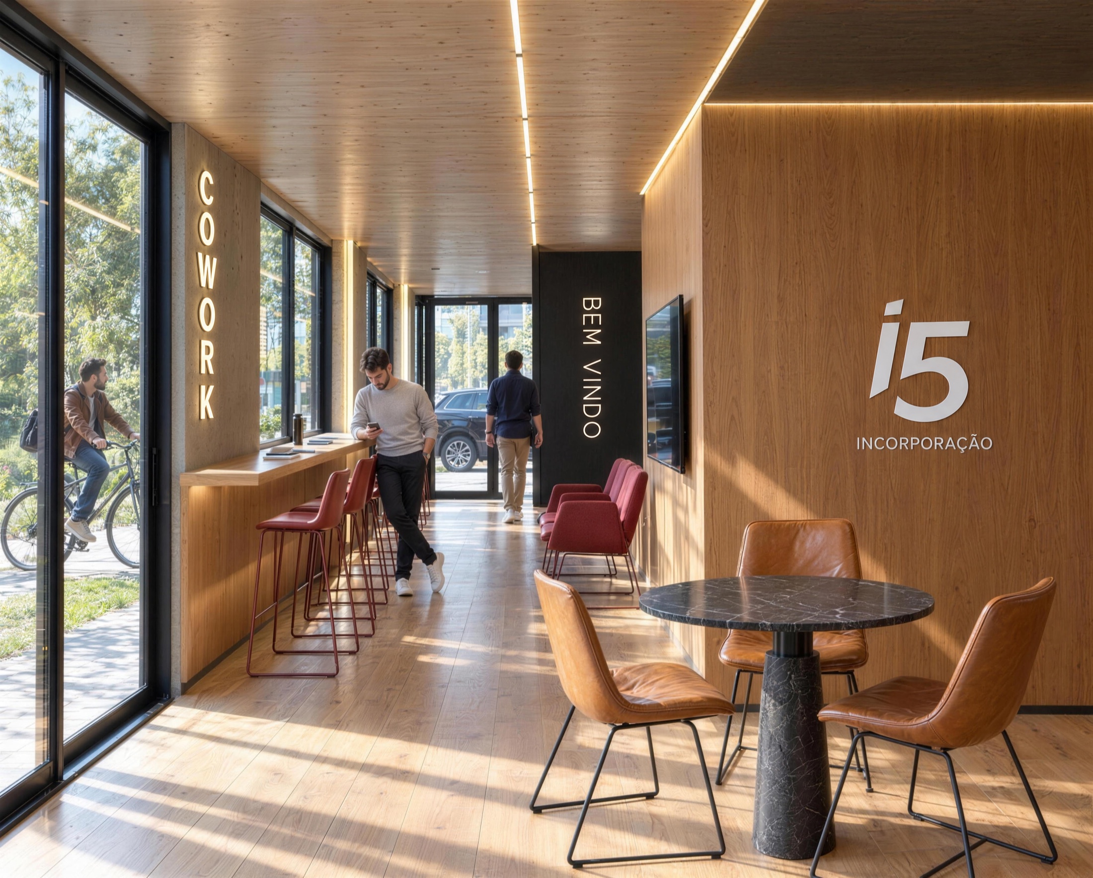 Coworking — Estações de trabalho e sala de reunião.