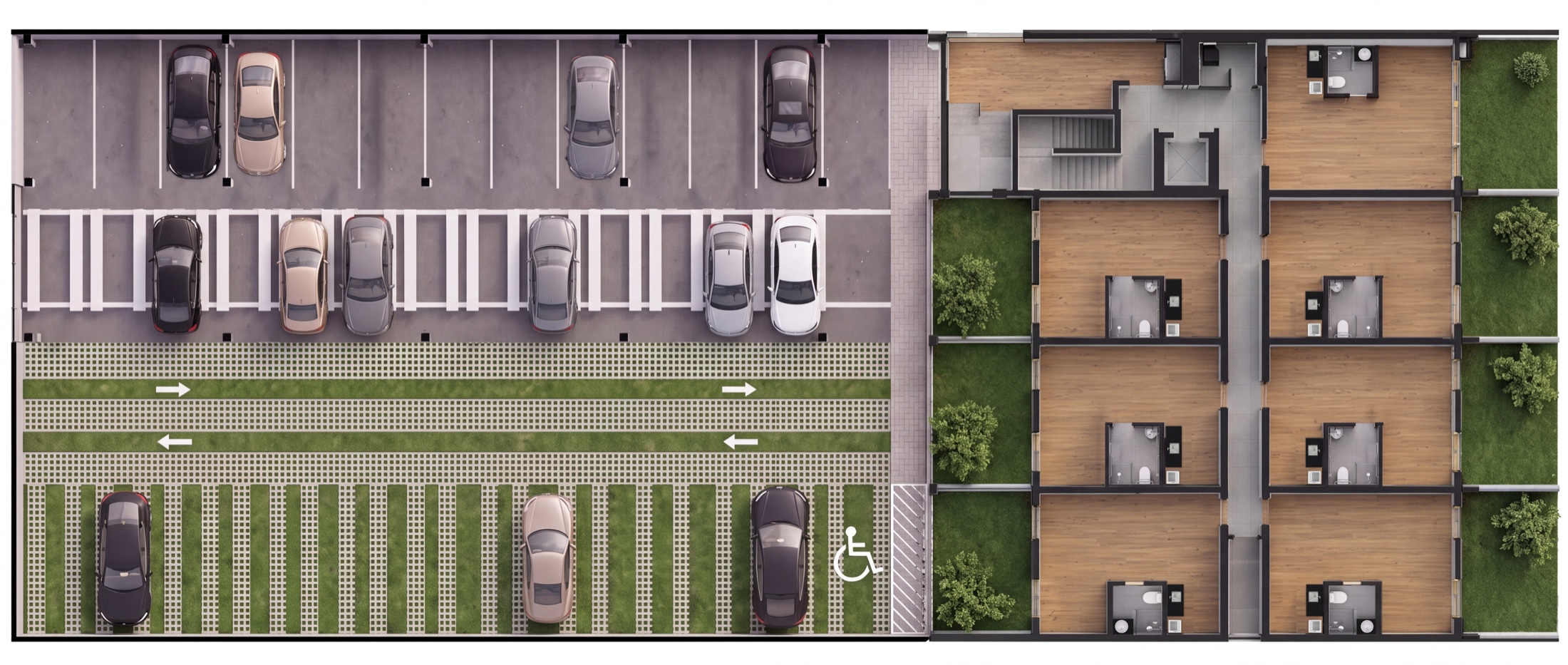 Pavimento térreo — Acessos, garagem e as unidades do térreo.